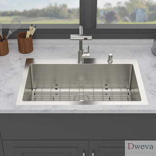 33" Drop-in Kitchen Sink with Pull-Out Faucet and Soap Dispenser - 33 x 22 x 10 inch Single Bowl 16 Gauge Stainless Steel Topmount Kitchen Sink Basin Dweva