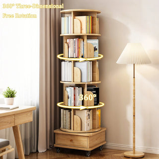 6 Tier Rotating Bookshelf, 360° Display Round Spinning Bookshelf with Wheels and Drawer, Space-Saving, Small Space Rotating Bookshelf Tower for Bedroom, Living Room, Home, Office, Wood Color Dweva