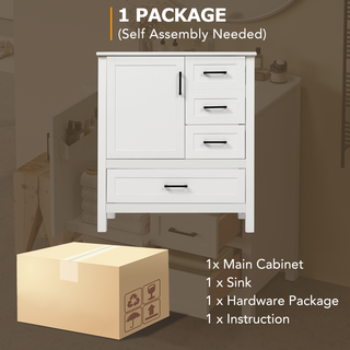30" White Bathroom Vanity with Sink Combination Set, Bathroom Storage Cabinet with Soft Close Door, 3 Soft Close Drawers and Removable Tray, Solid Wood Frame Dweva
