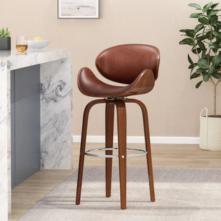 30" Mid-Century Modern Upholstered Swivel Barstool, Walnut + Cognac Dweva