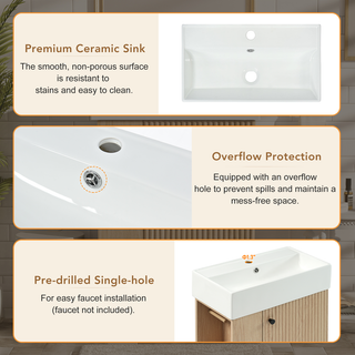 21.6" bathroom vanity with ceramic sink, freestanding modern right door wood grain cabinet with open and closed storage for small bathrooms