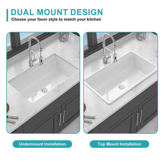 Undermount White Kitchen Sink Workstation - 33 inch White Porcelain Ceramic Single Bowl Dual Mount Kitchen Sink Dweva