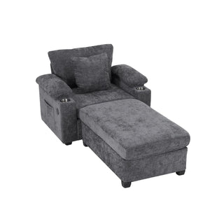 Modern Oversized Chair with Ottoman,Chenille Fabric Sofa Bed,Accent Chair Comfy Sofa with Cupholders and USB Charging Ports Chair for Living Room,Bedroom,Apartment Dweva
