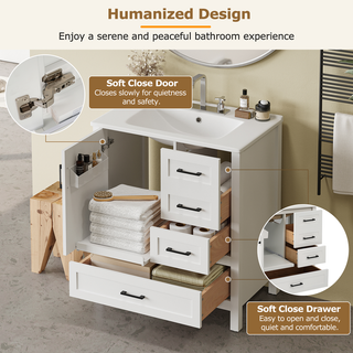 30" White Bathroom Vanity with Sink Combination Set, Bathroom Storage Cabinet with Soft Close Door, 3 Soft Close Drawers and Removable Tray, Solid Wood Frame Dweva