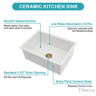 27" Undermount Single Bowl Ceramic Kitchen Sink - Dual Mount White Ceramic Rectangular Deep Single Bowl Sink Basin Dweva