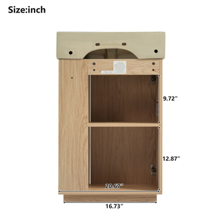 21.6" bathroom vanity with ceramic sink, freestanding modern right door wood grain cabinet with open and closed storage for small bathrooms