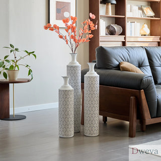 Floor Metal Vases Decorated White Metal vases Set of 3 gorgeous home decoration large glazed metal vases 24in/28.7in/33.5in height Dweva