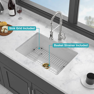 30" Undermount Single Bowl Ceramic Kitchen Sink - Dual Mount White Ceramic Rectangular Deep Single Bowl Sink Basin Dweva