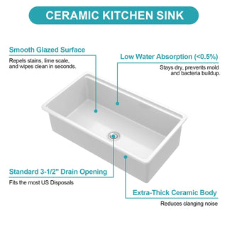 Undermount White Kitchen Sink Workstation - 33 inch White Porcelain Ceramic Single Bowl Dual Mount Kitchen Sink Dweva