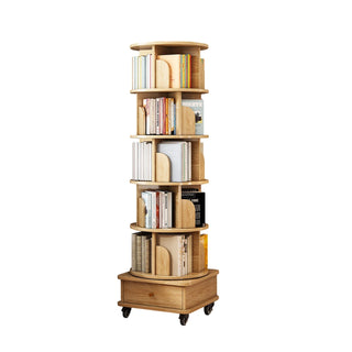 6 Tier Rotating Bookshelf, 360° Display Round Spinning Bookshelf with Wheels and Drawer, Space-Saving, Small Space Rotating Bookshelf Tower for Bedroom, Living Room, Home, Office, Wood Color Dweva