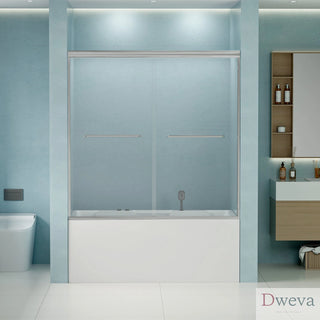 56"-60" W x 58" H Double Sliding Bathtub Shower Door, Semi-Frameless Bypass Tub Door, 1/4" (6mm) Tempered Glass with Explosion-Proof Film, Adjustable Aluminum Alloy Frame, Brushed Nickel 24D03-T60BNX Dweva