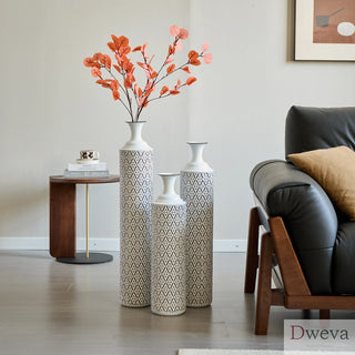 Floor Metal Vases Decorated White Metal vases Set of 3 gorgeous home decoration large glazed metal vases 24in/28.7in/33.5in height Dweva