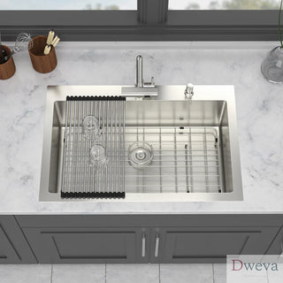 33" Drop-in Kitchen Sink with Pull-Out Faucet and Soap Dispenser - 33 x 22 x 10 inch Single Bowl 16 Gauge Stainless Steel Topmount Kitchen Sink Basin Dweva