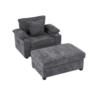 Modern Oversized Chair with Ottoman,Chenille Fabric Sofa Bed,Accent Chair Comfy Sofa with Cupholders and USB Charging Ports Chair for Living Room,Bedroom,Apartment Dweva