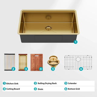 Single Bowl Undermount Workstation Gold Kitchen Sink - 33" x 19" x 10" Inch 16 Gauge Stainless Steel Deep Sink Dweva