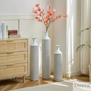 Floor Metal Vases Decorated White Metal vases Set of 3 gorgeous home decoration large glazed metal vases 24in/28.7in/33.5in height Dweva