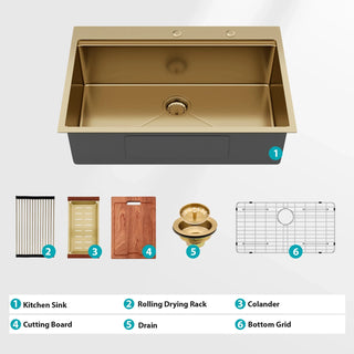 33" Drop in Gold Kitchen Sink - 33 x 22 x 10 inch Kitchen Sink Drop-in Topmount Single Bowl 16 Gauge Stainless Steel Ledge Workstation Kitchen Sinks Dweva