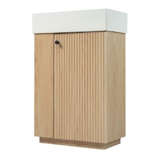 21.6" bathroom vanity with ceramic sink, freestanding modern right door wood grain cabinet with open and closed storage for small bathrooms