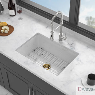 27" Undermount Single Bowl Ceramic Kitchen Sink - Dual Mount White Ceramic Rectangular Deep Single Bowl Sink Basin Dweva