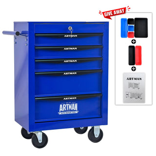 Rolling Metal Tool Chest with 5 Drawers, 20" 5-Drawer Tool Chest Cabinet with Ball Bearing Drawer Slides, Steel Tool Storage Box Organizer -BLACK&BLUE Dweva