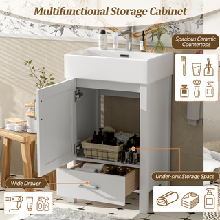 20.28'' White Modern Bathroom Vanity with Ceramic Sink, Solid Wood Frame, and Drawer – Ideal for Small Bathrooms. Dweva