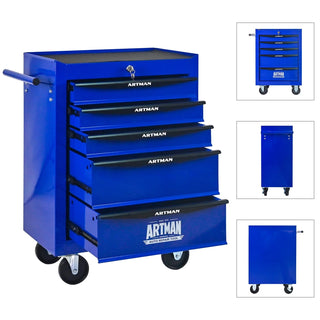 Rolling Metal Tool Chest with 5 Drawers, 20" 5-Drawer Tool Chest Cabinet with Ball Bearing Drawer Slides, Steel Tool Storage Box Organizer -BLACK&BLUE Dweva