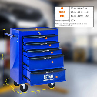 Rolling Metal Tool Chest with 5 Drawers, 20" 5-Drawer Tool Chest Cabinet with Ball Bearing Drawer Slides, Steel Tool Storage Box Organizer -BLACK&BLUE Dweva