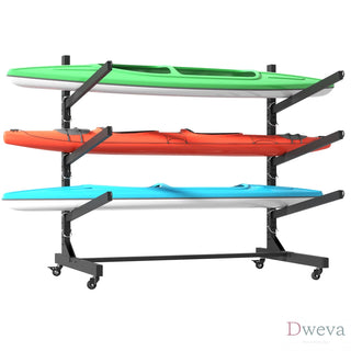 41"H Freestanding Kayak Storage Rack – Holds 3 Kayaks, Heavy-Duty Adjustable Stand with Lockable Wheels for Kayak, Canoe, SUP & Surfboard, 45.87"W*28.94"D*41"H Dweva