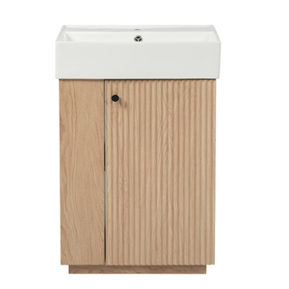 21.6" bathroom vanity with ceramic sink, freestanding modern right door wood grain cabinet with open and closed storage for small bathrooms