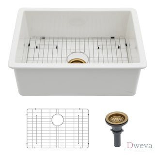 30" Undermount Single Bowl Ceramic Kitchen Sink - Dual Mount White Ceramic Rectangular Deep Single Bowl Sink Basin Dweva