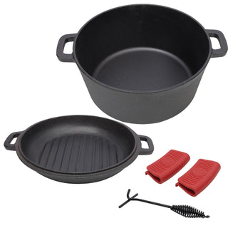 3 in 1 Pre-Seasoned Cast Iron Dutch Oven, Outdoor Camping Deep Pot, 5 Quart. Cover As A Skillet with Ribbed Bottom Design. With 2pcs Silicone Handel Covers, 1PC Lid Lifter. Dweva
