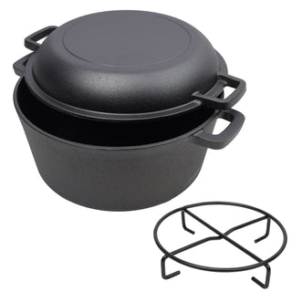 2 in 1 Pre-Seasoned Cast Iron Dutch Oven With Dual Handles, Outdoor Camping Deep Pot for Camping Fireplace Cooking BBQ Baking Campfire, 5 Quart.With 1pc Iron Pot Rack. Dweva