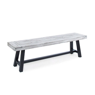 Light Grey Sandblast Finish Acacia Wood Dining Bench with Black Rustic Metal Finish Frame Dweva