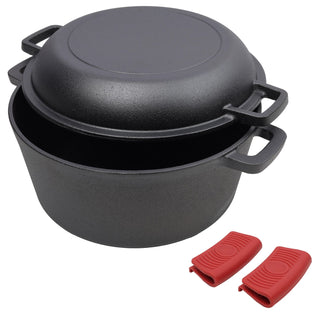 2 in 1 Pre-Seasoned Cast Iron Dutch Oven With Dual Handles, Outdoor Camping Deep Pot for Camping Fireplace Cooking BBQ Baking Campfire, 5 Quart.With 2pcs Silicone Handel Covers. Dweva