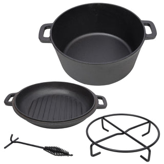 3 in 1 Pre-Seasoned Cast Iron Dutch Oven, Outdoor Camping Deep Pot, 5 Quart. Cover As A Skillet with Ribbed Bottom Design. With 1PC Iron Pot Rack, 1PC Lid Lifter. Dweva
