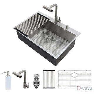 33" Drop-in Kitchen Sink with Pull-Out Faucet and Soap Dispenser - 33 x 22 x 10 inch Single Bowl 16 Gauge Stainless Steel Topmount Kitchen Sink Basin Dweva