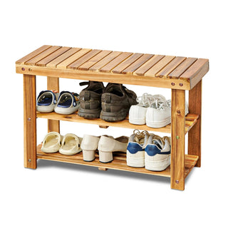Acacia Wood Shoe Rack Bench, 2-Tier Natural Wooden Shoe Organizer for Entryway, Front Door, or Bathroom, 200 lbs Capacity, 27.6"L x 11"W x 17.8"H, Durable and Easy to Assemble Dweva