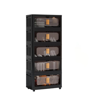 Black, 24" Side Wide Folding Storage Cabinet ,5 Tiers,23.62"×13.78"×59.84",Collapsible Storage Bins with Magnetic Door, Plastic Storage Cabinet with Wheels Dweva