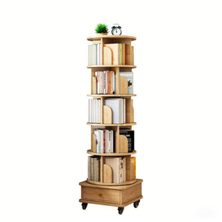 6 Tier Rotating Bookshelf, 360° Display Round Spinning Bookshelf with Wheels and Drawer, Space-Saving, Small Space Rotating Bookshelf Tower for Bedroom, Living Room, Home, Office, Wood Color Dweva