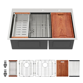 Topmount Drop in Kitchen Sink - 33"x 22" x 10" Double Bowl (60/40) Kitchen Sink 16 Gauge with Two 10" Deep Basin, Brushed Nickel Dweva