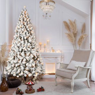 6ft Flocked Pre-Lit Christmas Tree with 300 UL Warm White Lights, 779 PVC Tips, Auto-Unfold Memory Wire, Easy Assembly & Stable Metal Stand – Snowy Holiday Decor Dweva