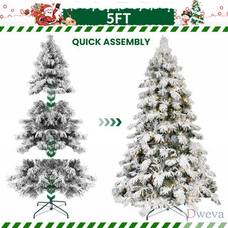 5ft Flocked Scarecrow-Shaped Christmas Tree with 200 Warm White LED Lights, 375 PVC Memory Wire Tips,Power Pole & Hinged Structure – Realistic Snowy Holiday Tree Dweva