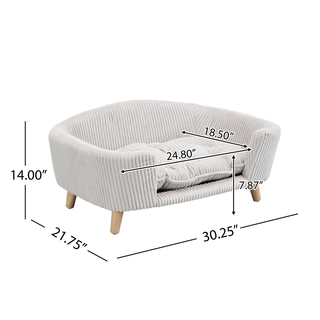 Elevated Dog Bed Frame for Small Dog, Corduroy Pet Couch Bed with Rubber Wood Legs and Supportive Foam, Beige, Easy Assembly Dweva