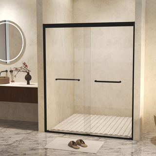 44-48" W × 72" H Tempered Glass with Explosion Proof Film, Aluminum Frame Double Sliding Shower Door, "1/4 (6 mm), Stainless Steel handle, Matte Black Dweva
