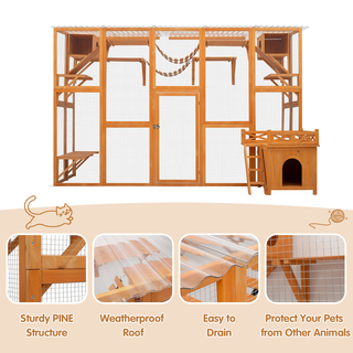 Weatherproof Catio Outdoor Cat Enclosure, Outdoor Cat house, Natural Wood Playground, Natural Cat Shelf with Litter Box Dweva