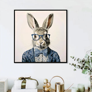 Gallery Wrapped Canvas Wall Art - Dapper Bunny in Tailored Cobalt Blue Suit, Modern Animal Portrait Framed Print for Lounge/Office Decor decorative picture painting Dweva