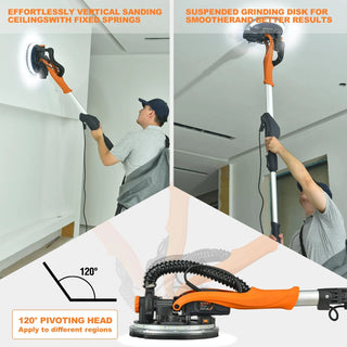 Drywall Sander with Vacuum Dust Collection, 6 Variable Speed Foldable Telescopic Electric Wall Sander, Popcorn Ceiling Removal Tool, 1900RPM Power Sander Tool, LED Light, 18Pcs Sanding Discs Dweva