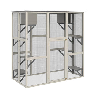 Gray Wooden Outdoor Catio Cat Enclosure with Weatherproof Asphalt Roof, Large Walk-in Cat House with 6 Platforms & 2 Napping Boxes, Solid Wood Cat Cage Kennel Condo Playpen for Patio Dweva