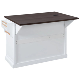 K&K 54.9" Kitchen Island with Drop Leaf, Power Outlet, Kitchen Storage Cart with 4 Door Shelves, Cross Barn Doors & Visual Glass Door, Rolling Kitchen Island on 4 Wheels for Kitchen, Dining Room,White Dweva