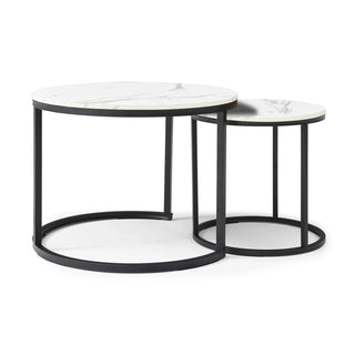 Set 2 Coffee Table Nesting White and gray top Black Frame Circular Round and Marble Pattern Wooden Tables, Living Room Bedroom Apartment Modern Industrial Simple Nightstand Dweva